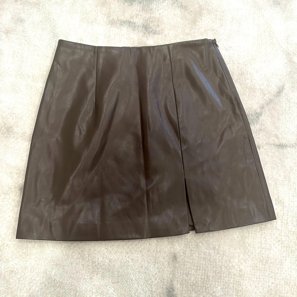 Brown oak +fort vegan leather skirt